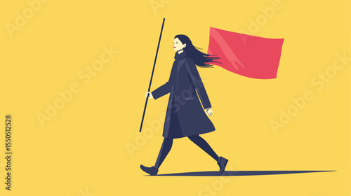 Female Voter Walking with Flag Vector Illustration