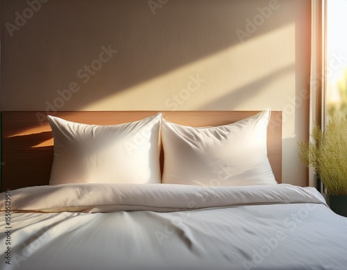 white pillow on bed with soft sunlight on wall