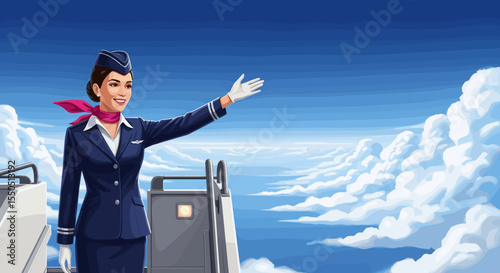 Airline Flight Attendant Welcoming Passengers Above Clouds for Travel Blogs, Aviation Websites, Safety Campaigns, and Airline Promotions