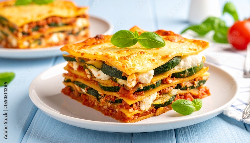 Vegetarian Lasagna with Zucchini and Spinach. Vegeterian Meal Close Up Vegetarian Lasagna with Zucchini and Spinach. Vegeterian Meal Close Up