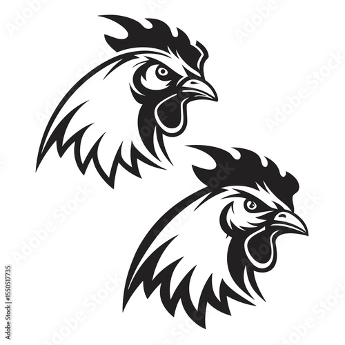 Stylized black and white rooster heads in profile view