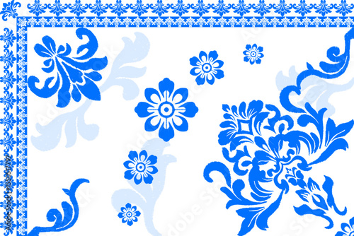 Blue Floral Ornament Pattern on White Background, seamless floral patterns design for decorative, wall, wallpaper, wrapping paper, fabric, silk, scarf, pillow, book, wall, backdrop and etc.