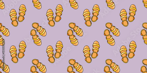 Seamless pattern with yellow strappy sandals on lilac background. Vacation summer shoes. Cartoon style vector background