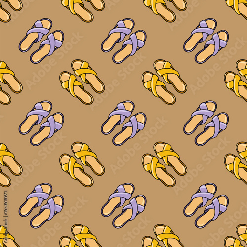 Seamless pattern with yellow and purple crisscross slippers on brown background. Summer shoes. Cartoon style vector 