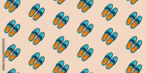 Seamless pattern with blue orange loafers on beige background. Autumn and summer shoes. Cartoon style vector background. 