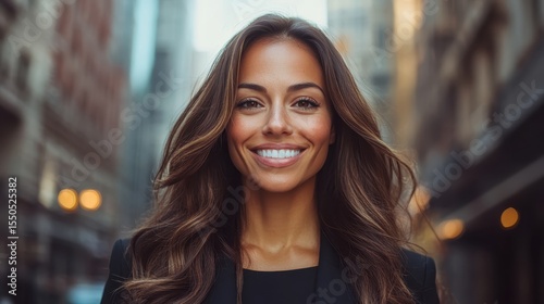 Free Download A woman with a radiant smile stands confidently in a bustling urban environment, embracing her individuality and showcasing the beauty of self-assuredness and modern living. - GFXLoad