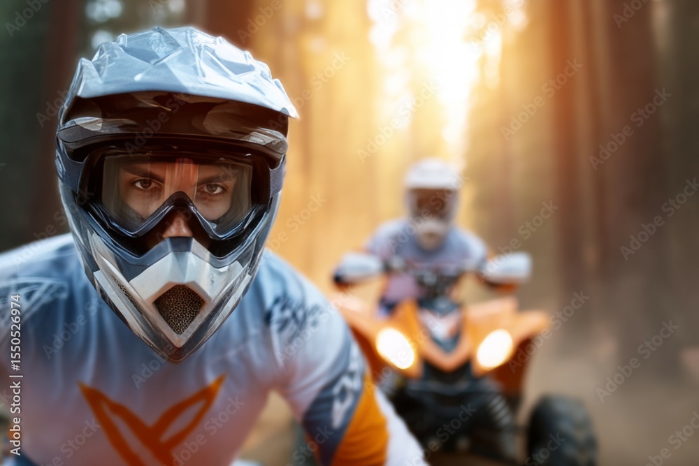 Fototapeta premium Adventurous atv ride through forest with focused male rider