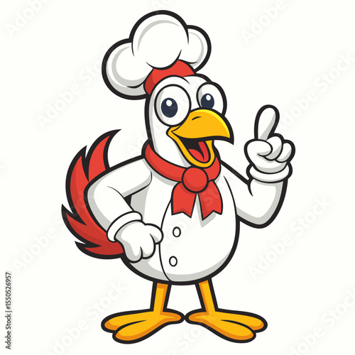 Cheerful cartoon chicken chef giving a thumbs up and pointing up