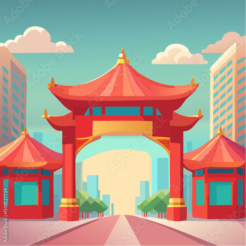 Colorful Vector Illustration of a Vibrant Chinatown Gate with Traditional Ornate Details, Red and Gold Accents, Lanterns, and Cultural Symbols; A Celebration of Heritage and Architecture