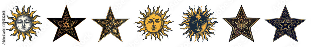 Obraz premium PNG Vintage celestial sun star designs, element set on transparent background