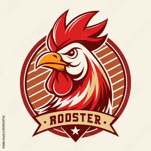 Bold rooster emblem with striking red and orange colors