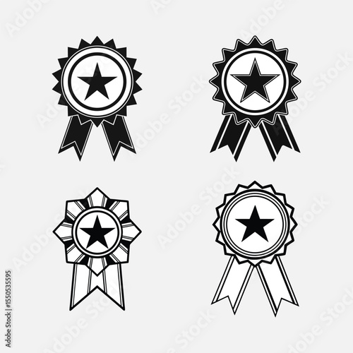 Black and White Vector Award Ribbon Icons Set Star