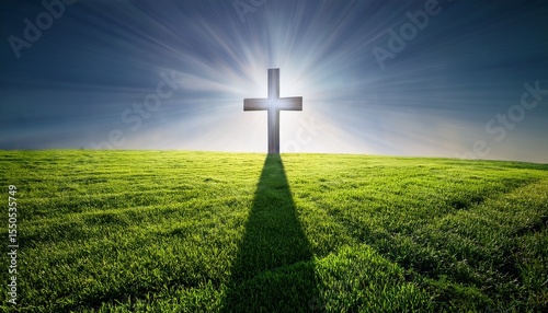 a glowing cross casting a long shadow on a peaceful green meadow symbolizing the path of righteousness