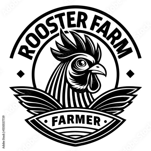 Bold black and white rooster farm farmer logo emblem
