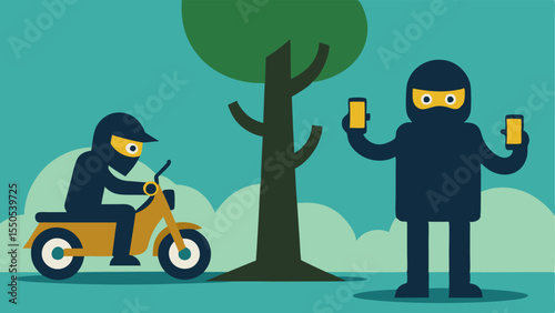 Criminals on WalkieTalkies Two criminals communicating via walkietalkies with one on a motorcycle and the other hiding behind a tree planning the ransom payment.