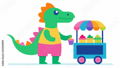 Dinosaur Ice Cream Vendor A friendly dinosaur wearing a colorful apron stands behind an ice cream cart serving gigantic scoops of ice cream topped with strange toppings like