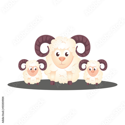 Cartoon Ram Family Illustration – Cute Sheep with Curly Horns on White Background