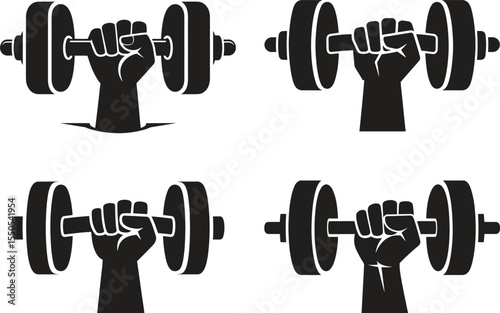 Silhouette Hand holding lifting dumbbell icon, logo vector illustration with white background	