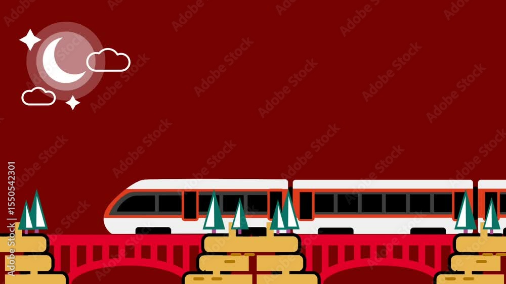 A train crosses a glowing red bridge with castle elements under a night sky, merging fantasy and transportation in a dramatic scenic view