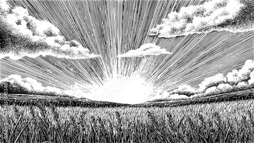 Black and white illustration depicts a serene landscape with a radiant sunrise over a field of tall grass and scattered clouds.