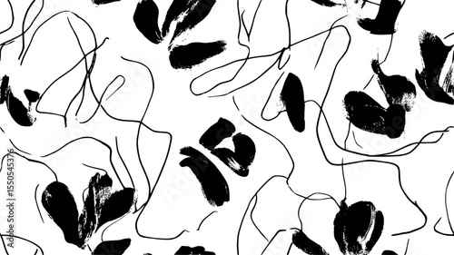 An abstract black and white pattern features ink splashes and thin lines.