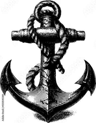 A classic black and white illustration depicts a nautical anchor with rope.