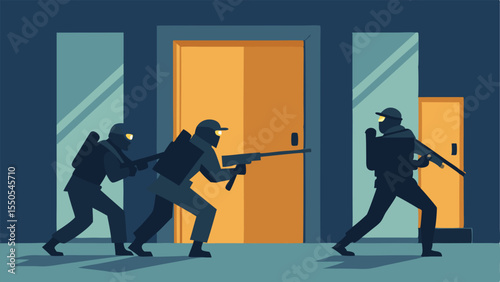 Entering the Building A dynamic scene showing SWAT officers breaching the front door of a building using a battering ram. Action lines emphasize movement and urgency.