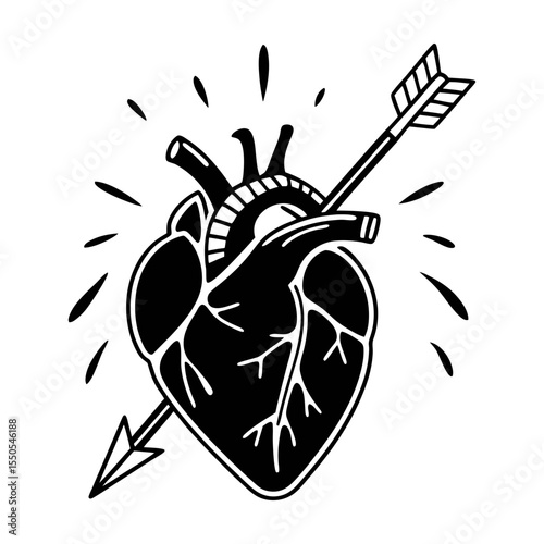 Heart with arrow sticker. Vector tattoo-style anatomical heart pierced by an arrow. Black ink illustration.
