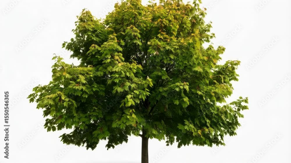 Isolated deciduous tree with vibrant green leaves against a clean white background, showcasing natural beauty, foliage, and trunk details