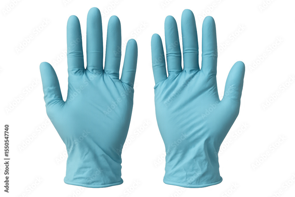 Obraz premium Medical professional wearing blue nitrile gloves, providing sanitary protection and barrier against contamination with clean transparent backdrop