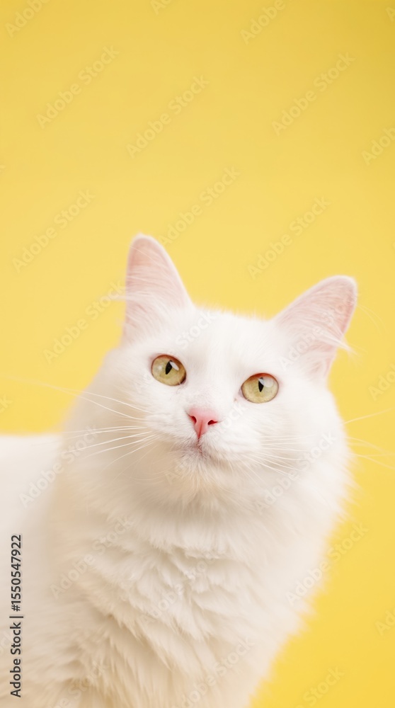 Fototapeta premium White cat posing on yellow background: fluffy feline with expressive eyes
