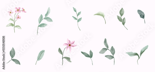 soft pink floral and green leaves watercolor collection