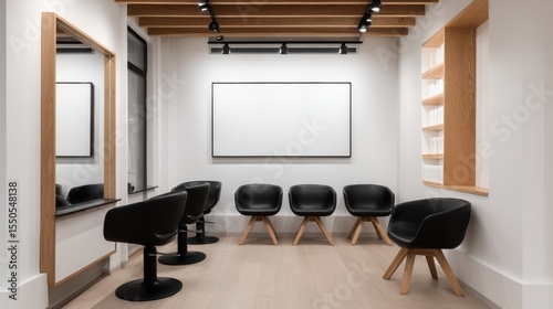 A minimalist modern hair salon with black chairs, white walls and wooden accents, featuring a blank poster frame.
