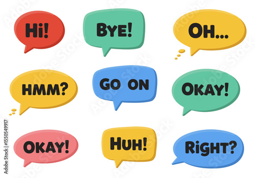 Cartoon speech bubbles with phrases like Hi Bye Oh Okay etc