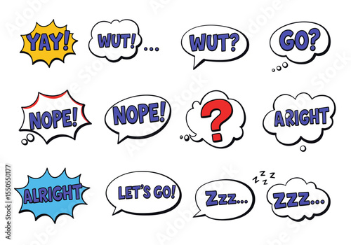 Cartoon speech bubbles with text YAY WUT GO NOPE ARIGHT LETS GO Zzz and a question mark