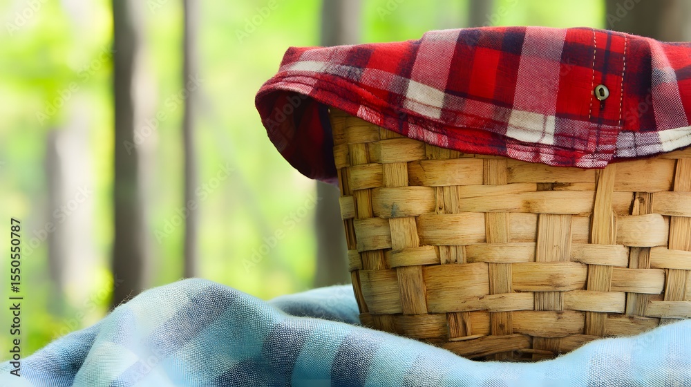Obraz premium Rustic Picnic Basket Covered in Red Plaid Cloth