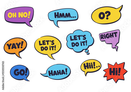 Colorful cartoon speech bubbles display various expressions and conversational phrases