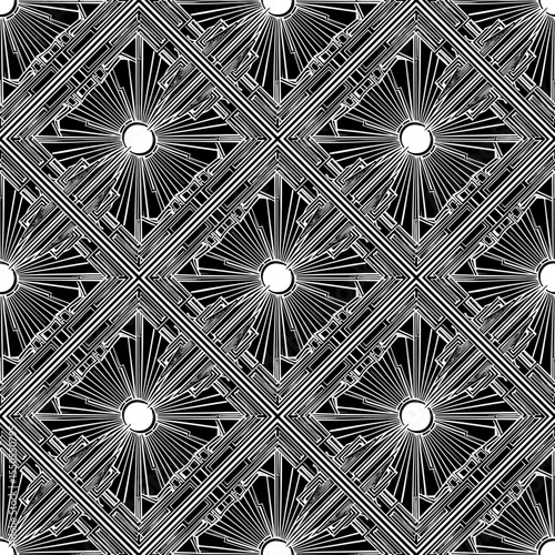 A intricate black and white geometric pattern featuring diamond shapes with radiating lines and central circles, ideal for modern design, seamless pattern.