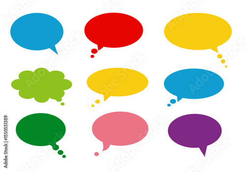 Colorful speech bubbles in various shapes and colors arranged on a white background