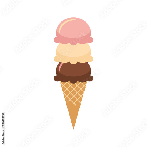 Triple Scoop Ice Cream Cone: Strawberry, Vanilla, and Chocolate Delight