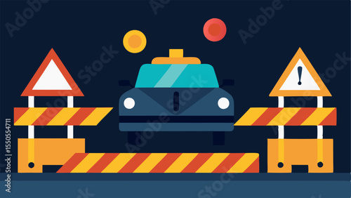 Construction Zone Alert A police car with lights on in a construction site illuminating safety cones and barriers with construction equipment faintly visible in the background.