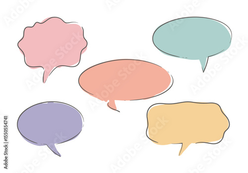 Five colorful speech bubbles with black outlines arranged on a white background
