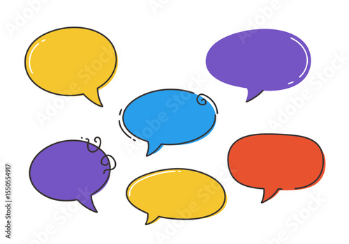 Graphic 6 colorful speech bubbles in different sizes  positions with black borders on a white background