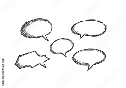 Five sketchy irregular speech bubbles in different shapes and sizes floating on a white background