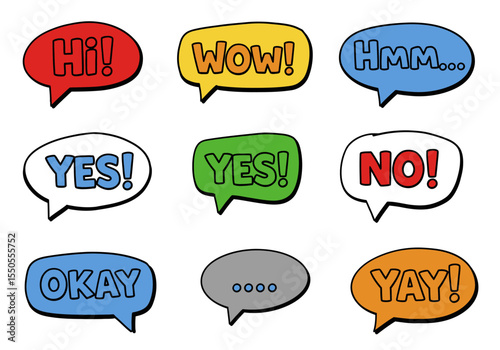 Nine colorful speech bubbles display simple expressions Hi Wow Hmm Yes No Okay Yay and an ellipsis