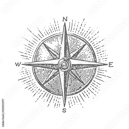 Compass Rose. Vintage rough woodcut engraving linocut style vector illustration.