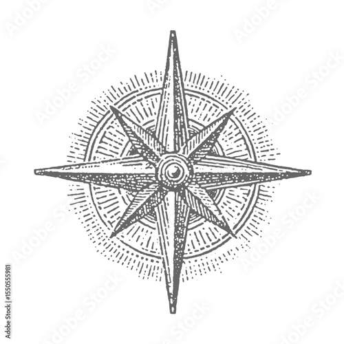 Compass rose without indicators. Vintage rough woodcut engraving linocut style vector illustration.