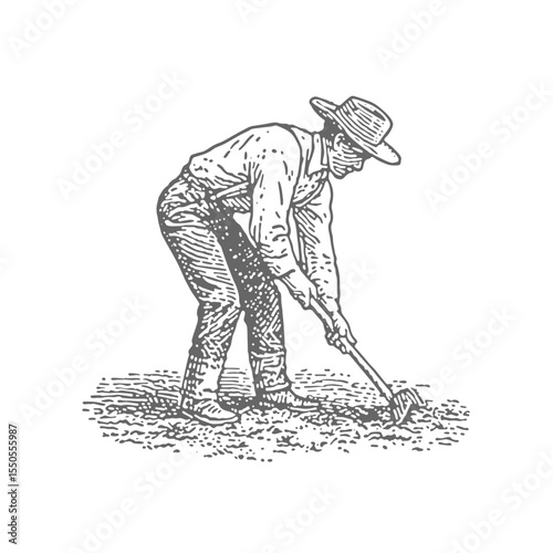 Farmer in a field. Vintage rough woodcut engraving linocut style vector illustration.