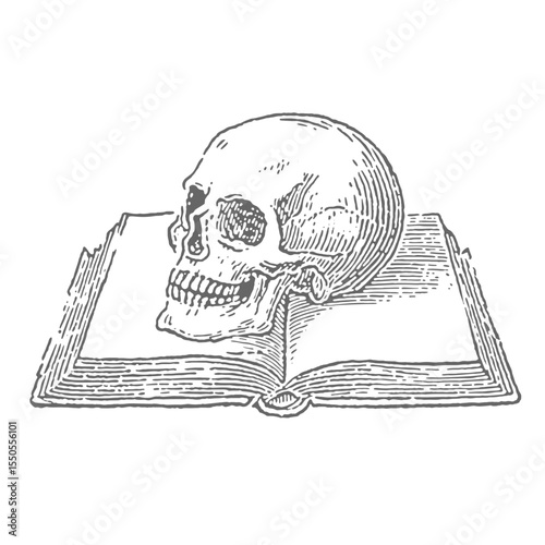 Human Skull on an open Book. Vintage rough woodcut engraving linocut style vector illustration.
