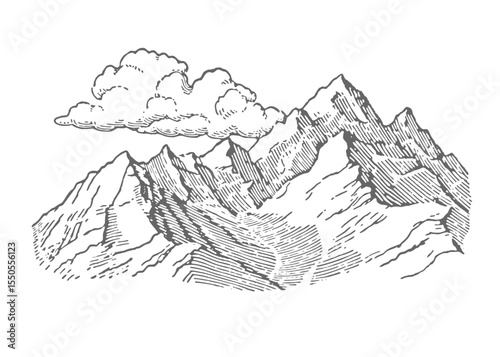 Mountains. Vintage rough woodcut engraving linocut style vector illustration.